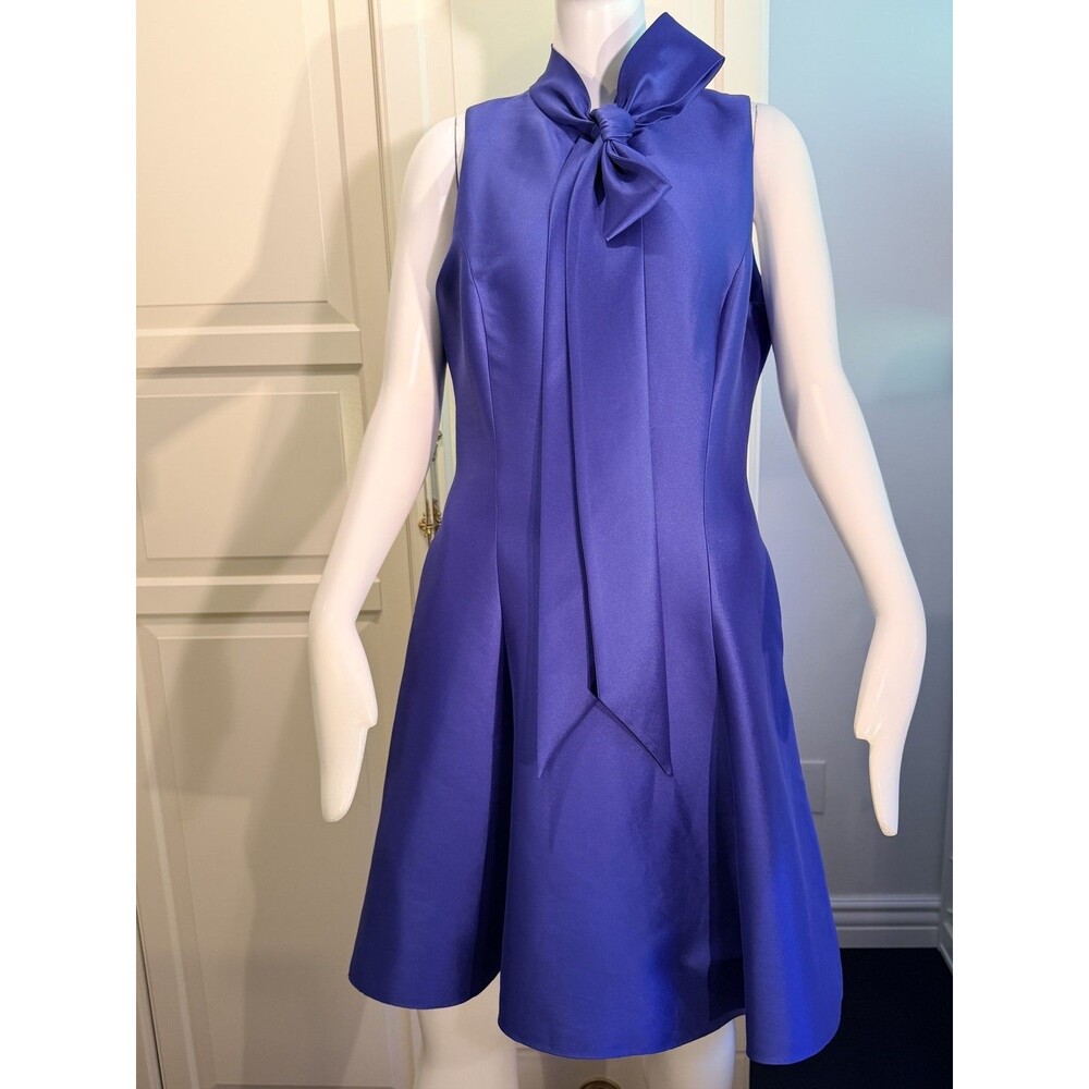 BADGLEY MISCHKA NWT Women's Purple Bow Tie High Neck Sleeveless Flare Dress 14